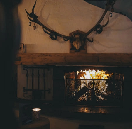 Kamin mit Holz und Hirschgeweih an der Wand