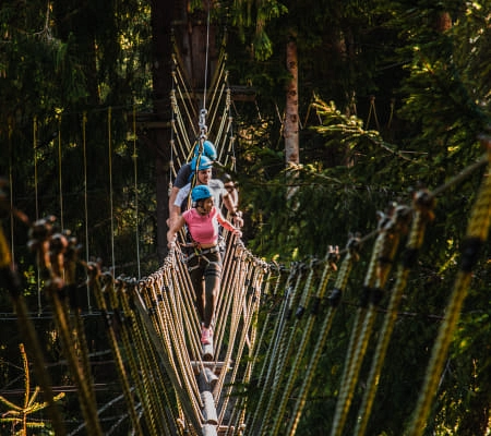 Personen auf einem Hochseilpark-Kletterkurs in den Bäumen
